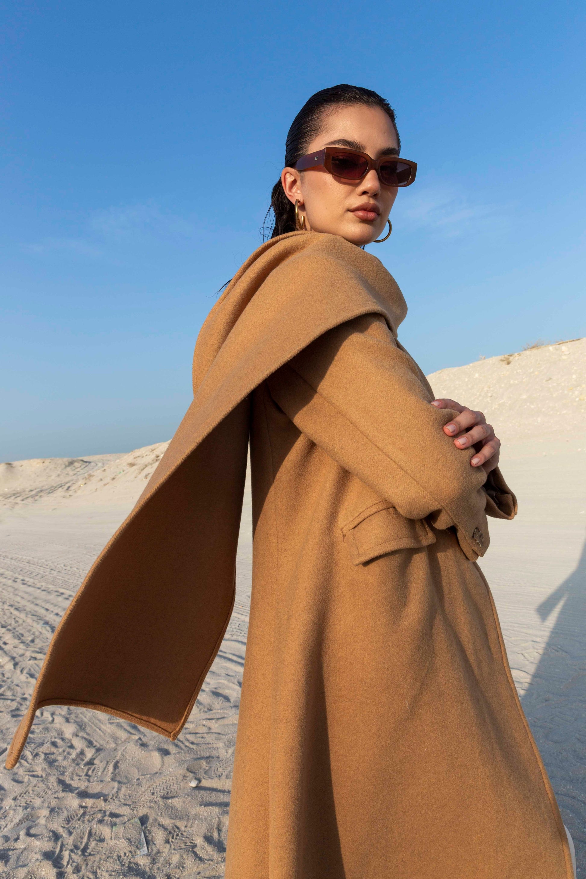 Camel Wool Blazer with Scarf : Side view