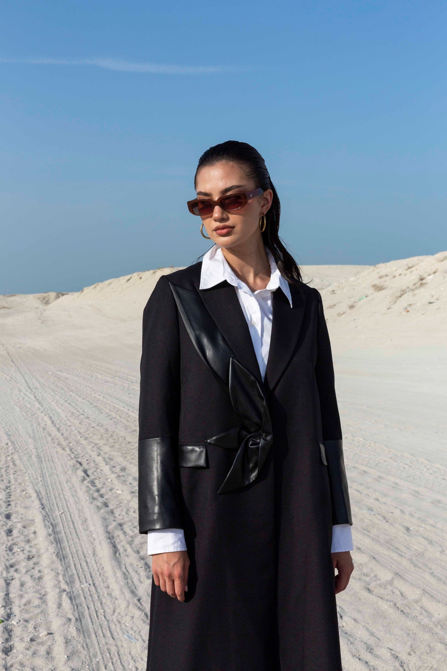 Black Leather Flower Blazer with Sleeve Detailing for Women : Front view