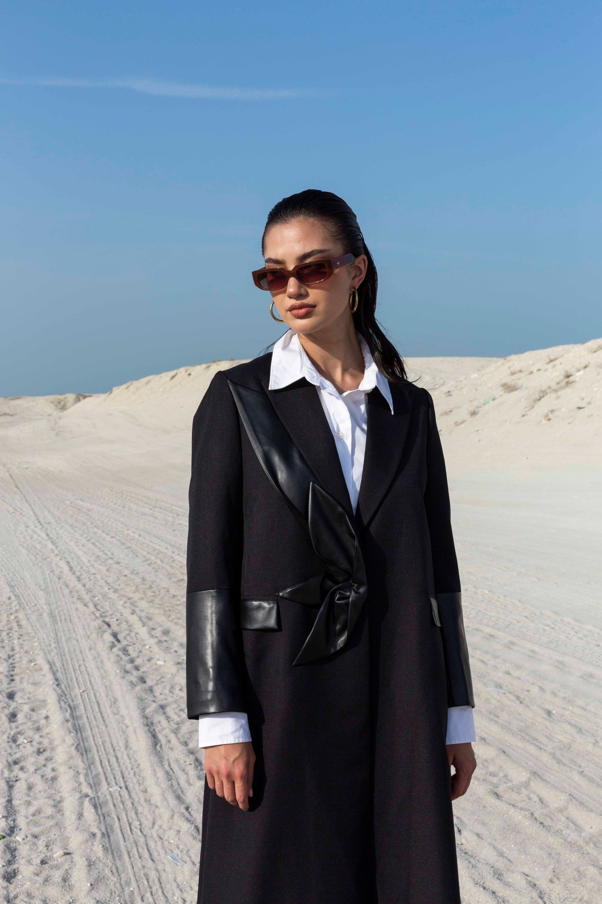 Black Leather Flower Blazer with Sleeve Detailing for Women : Front view