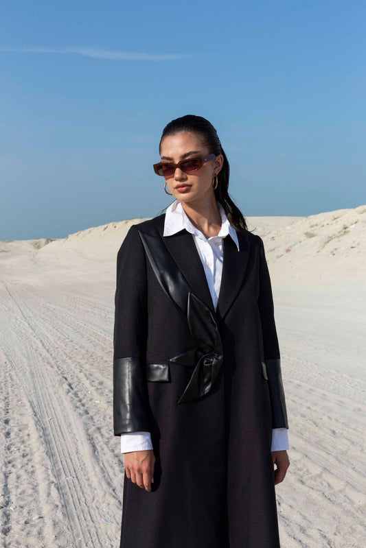 Black Leather Flower Blazer with Sleeve Detailing for Women : Front view