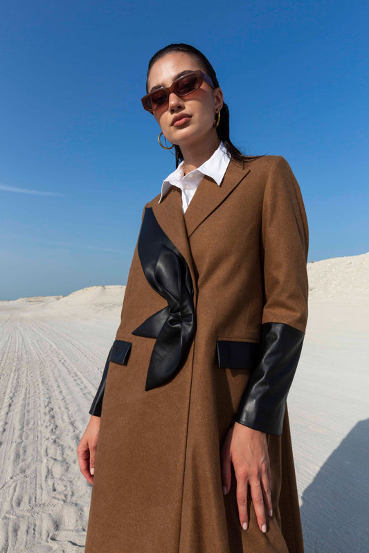 Brown Wool Leather Floral Blazer : Front view