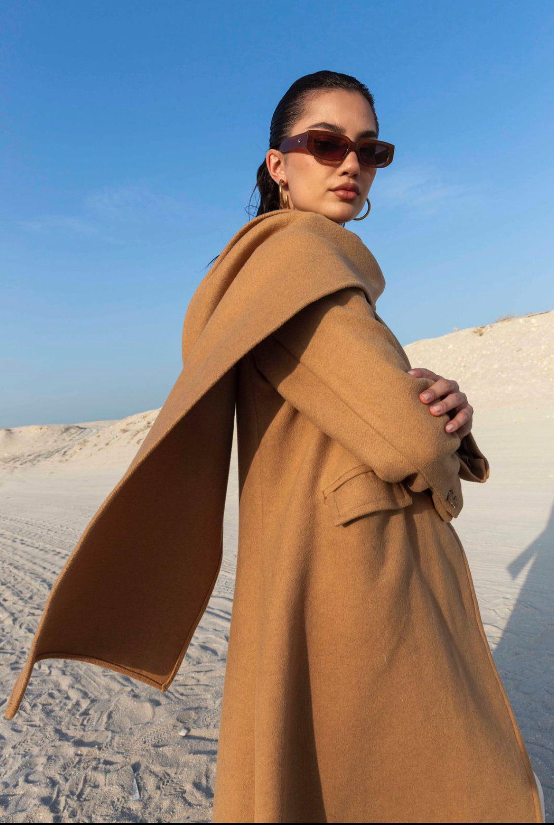 Tan Wool Long Coat with Scarf : Side view