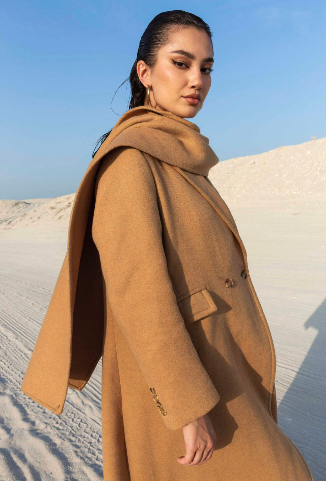 Tan Wool Long Coat with Scarf : Side view