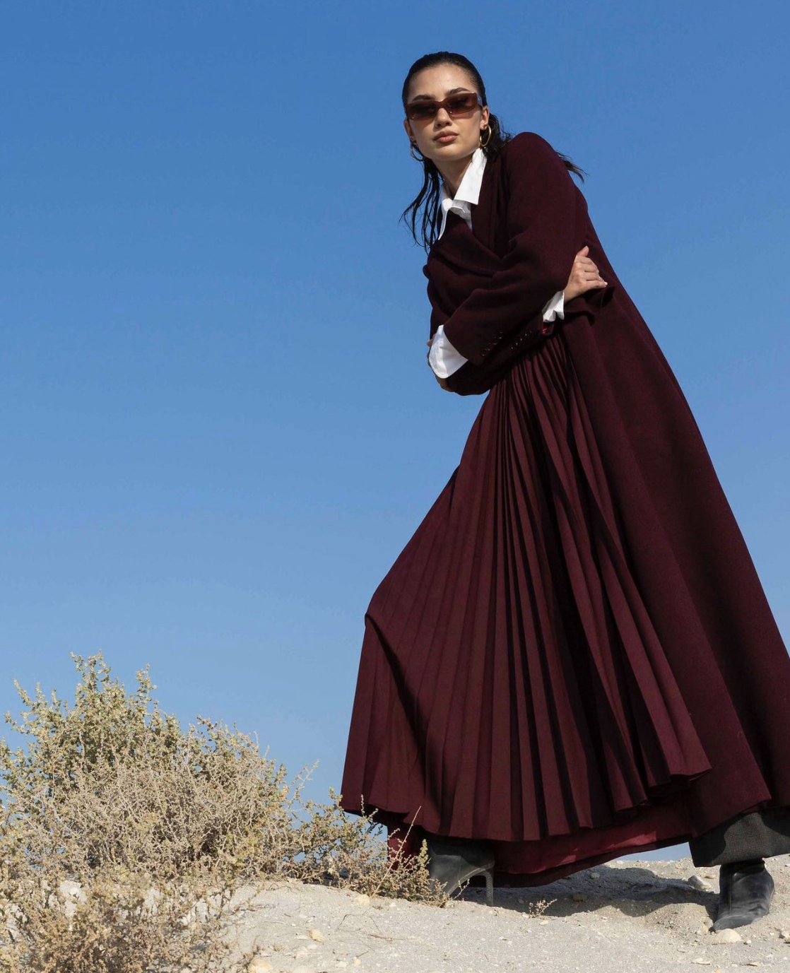 Maroon Plisse Wool Blazer for Women : Front view