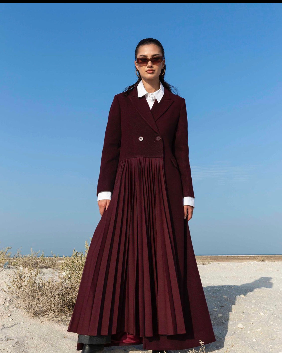 Maroon Plisse Wool Blazer for Women : Front view
