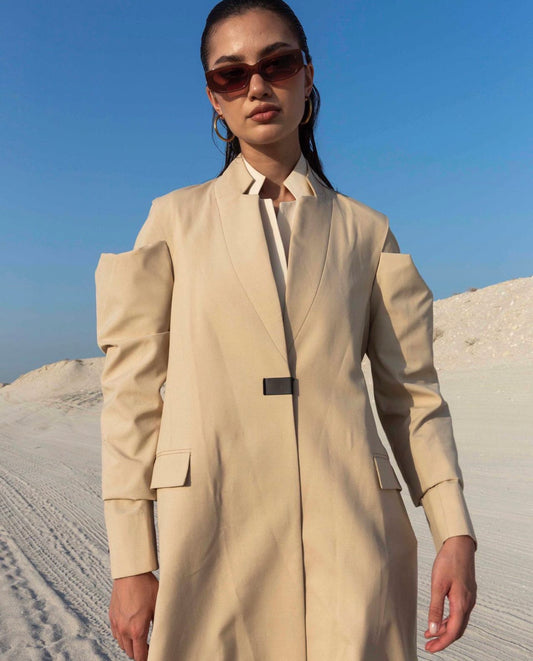 Gathered Sleeve Blazer - Cotton Long Jacket for Women : Front view