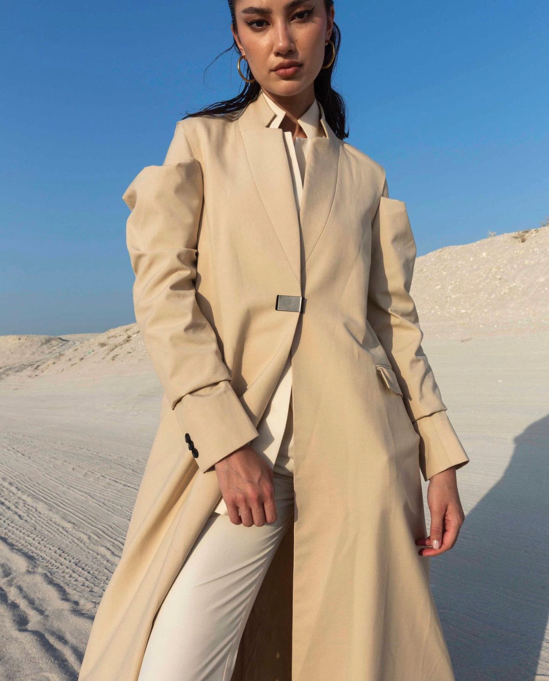 Gathered Sleeve Blazer - Cotton Long Jacket for Women : Front view