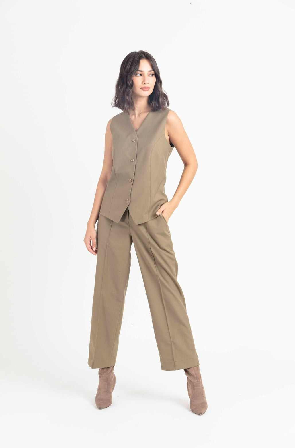 Olive Green Women's Vest and Pants Set | Crepe Outfit : Front view
