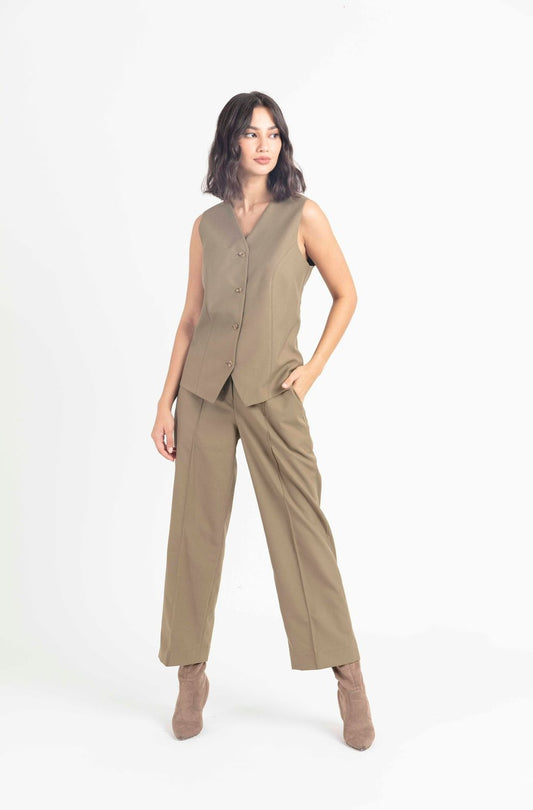 Olive Green Women's Vest and Pants Set | Crepe Outfit : Front view