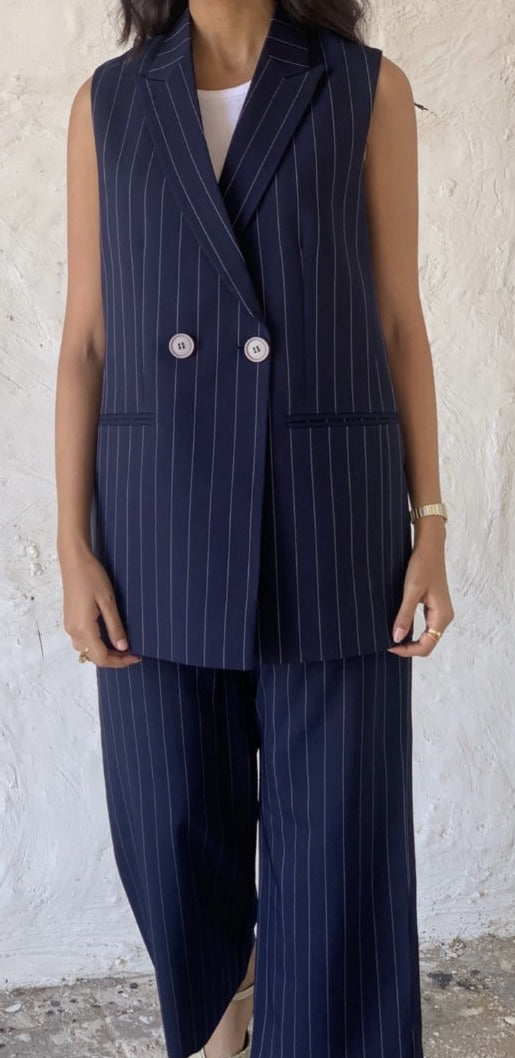Navy Vest and Pants Set for Women | Crepe Navy Suit : Front view