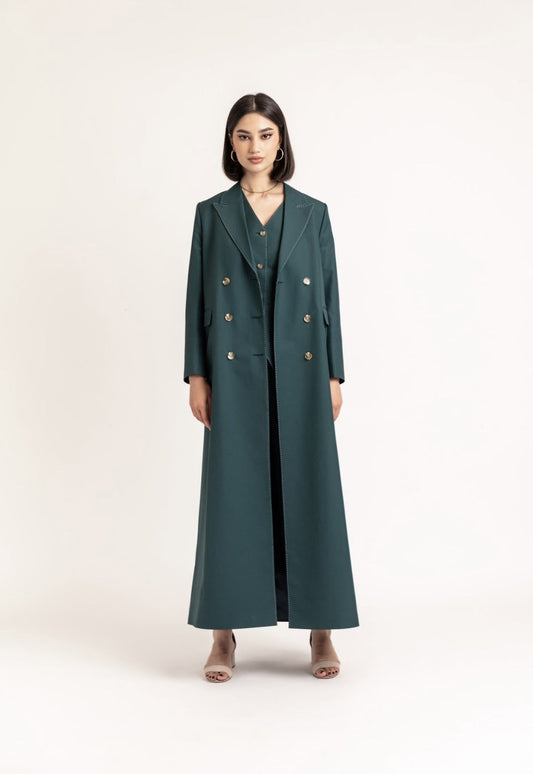 Green Stitches Cotton Blazer | Tailored Long Jacket Women : Front view