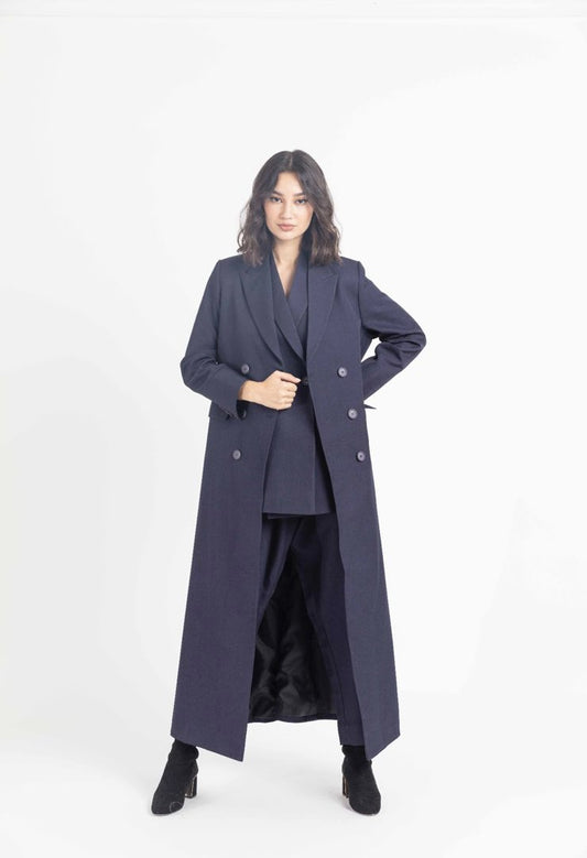 Navy Long Jacket for Women | Crepe Navy Jacket : Front view