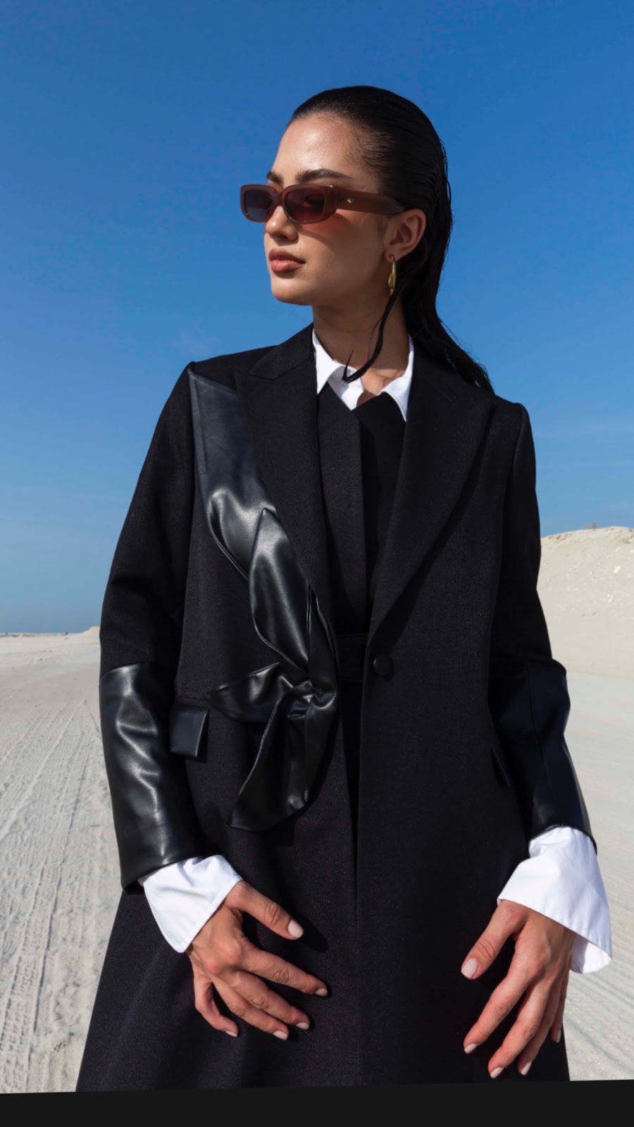Black Leather Flower Blazer with Sleeve Detailing for Women : Front view