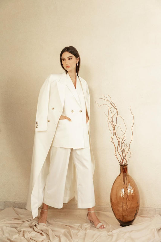 Off White Long Crepe Jacket for Women | Stylish Suit : Front view