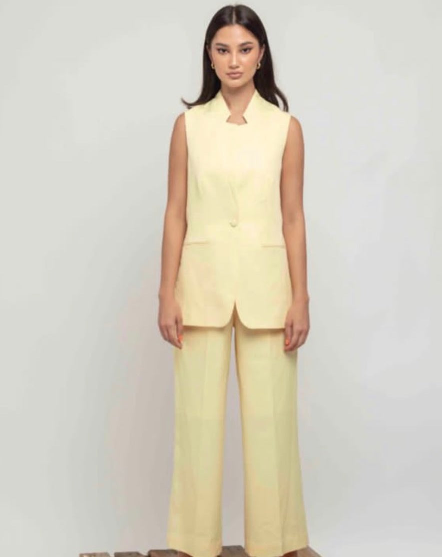 Pastel Yellow Vest and Pants Set for Women | Two-Piece Suit : Front view