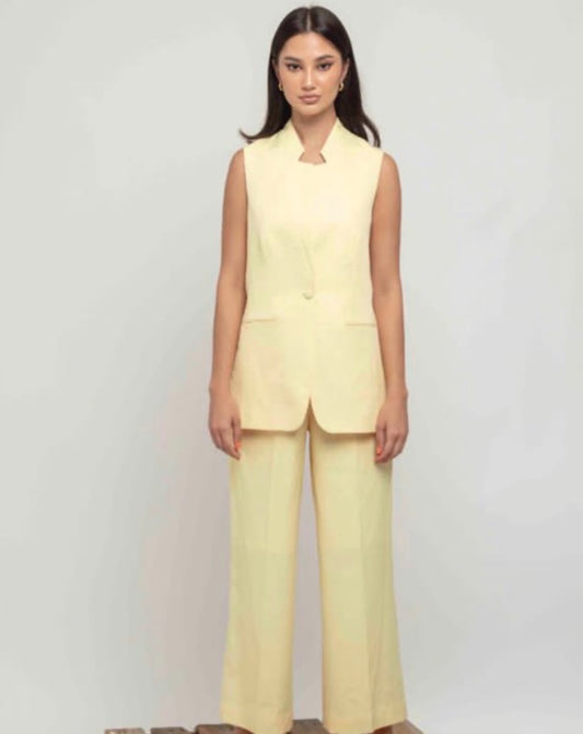 Pastel Yellow Vest and Pants Set for Women | Two-Piece Suit : Front view