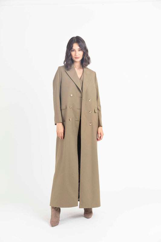 Green Olive Long Jacket | Luxury Crepe Blazer for Women : Front view