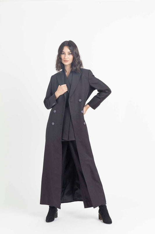 Crepe Black Long Jacket for Women : Front view