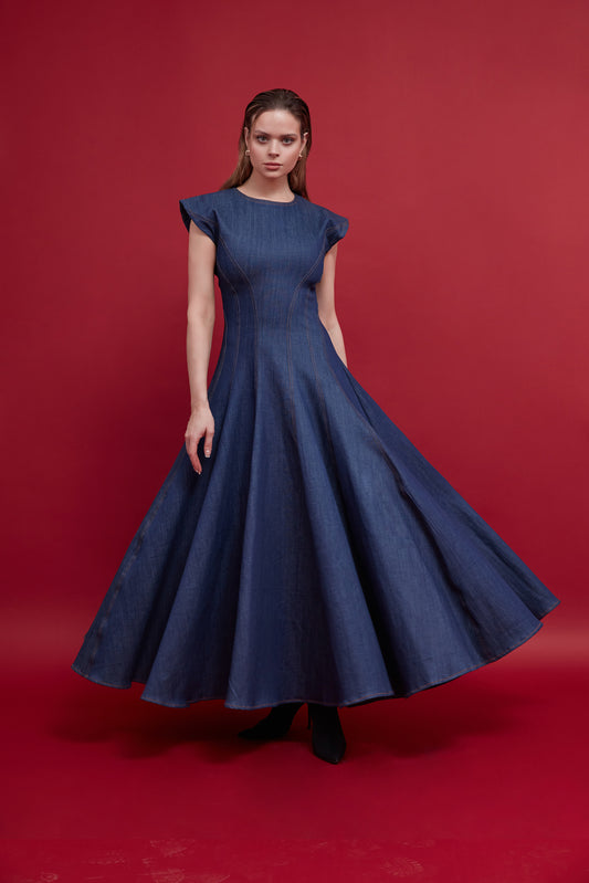 Dark Navy Denim Flowey Dress : Front view
