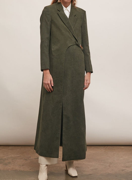Olive Green Corduroy Blazer for Women with Buckled Detail : Front view