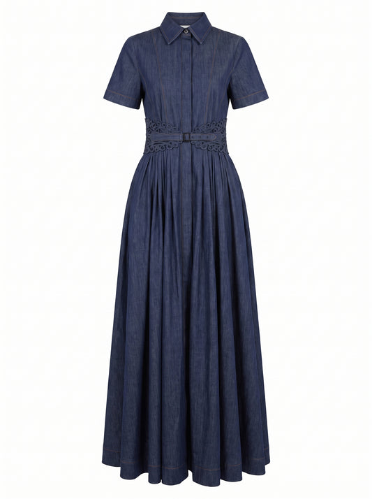 DENIM GATHERED DRESS WITH HENNA BELT