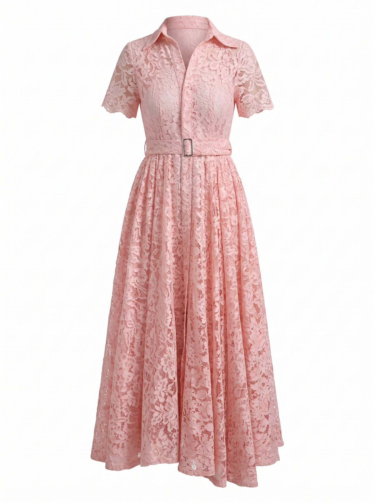 Lace Gathered Belted Dress
