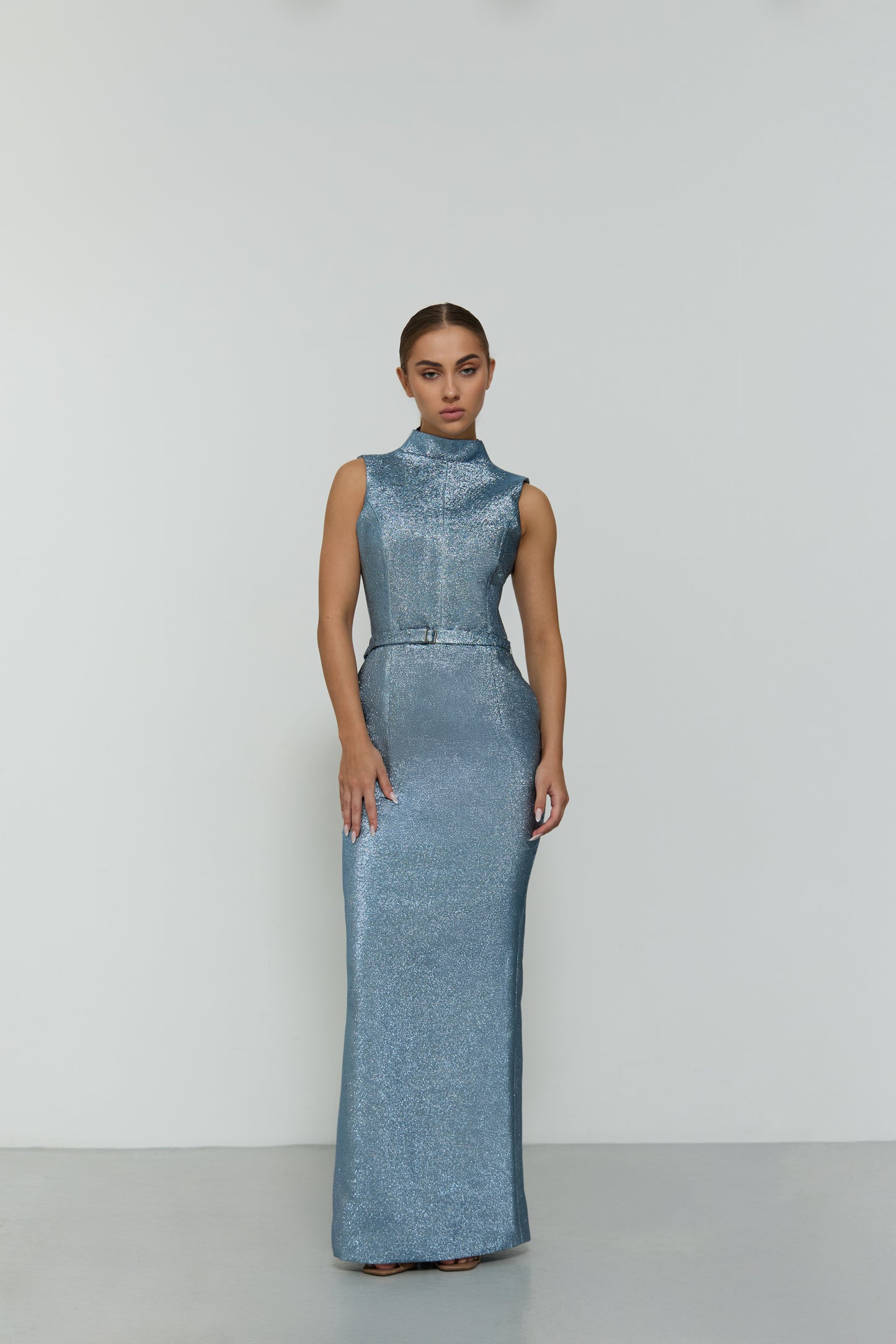 CAPED TOP METALLIC BELTED DRESS