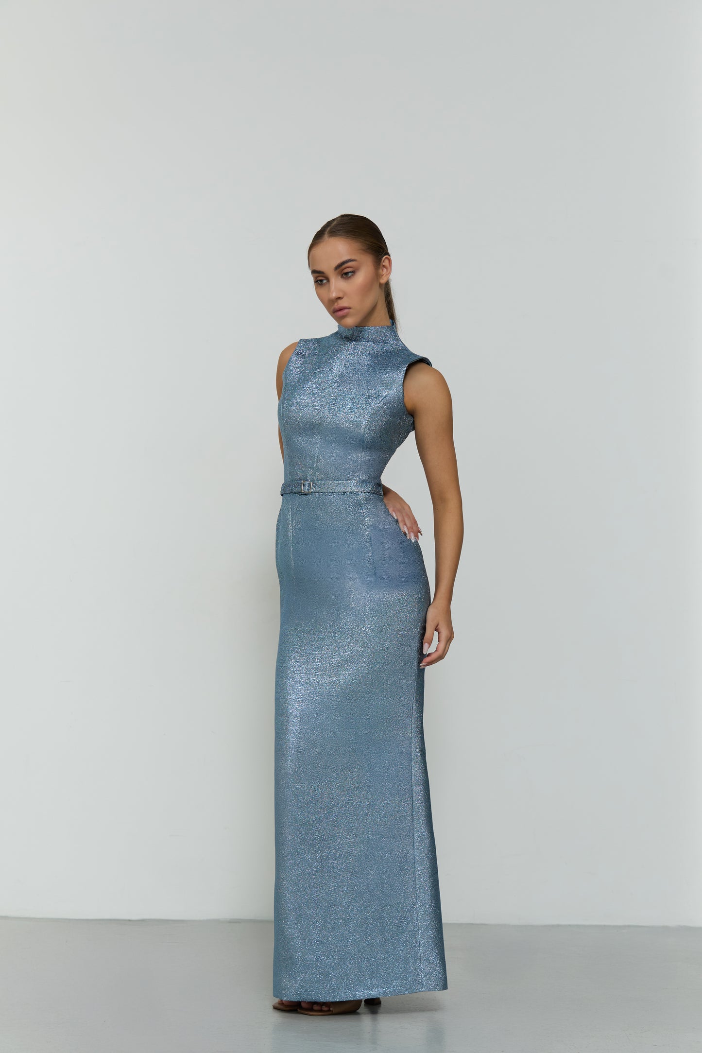 CAPED TOP METALLIC BELTED DRESS