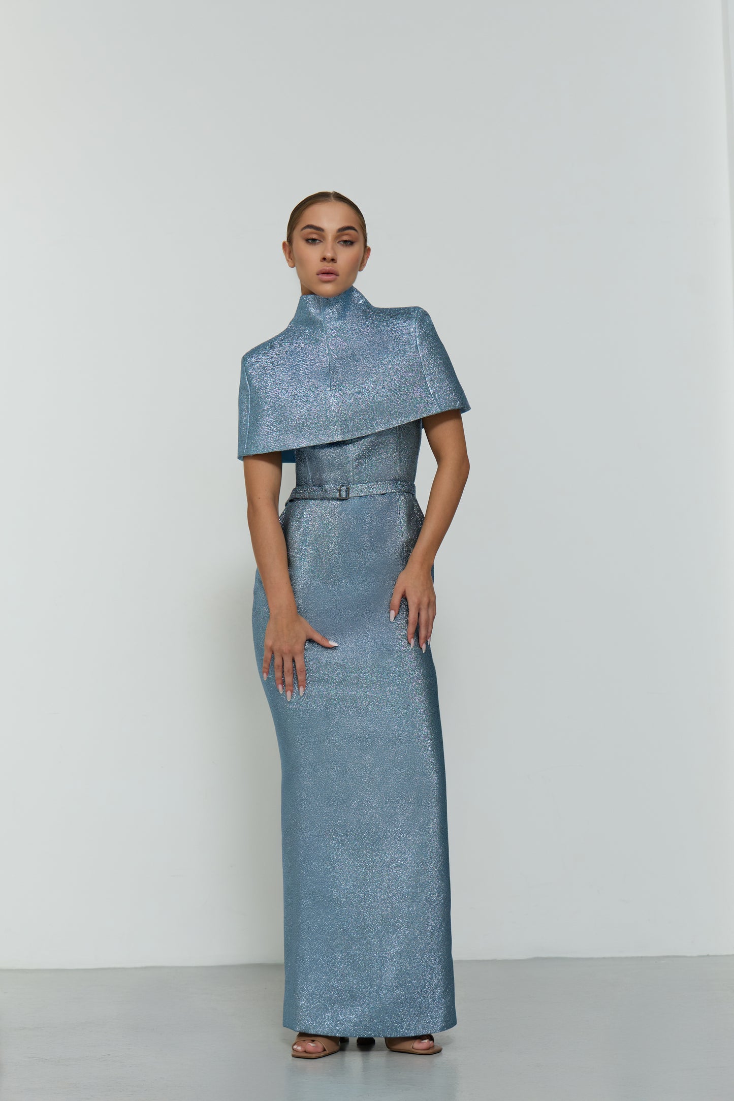 CAPED TOP METALLIC BELTED DRESS