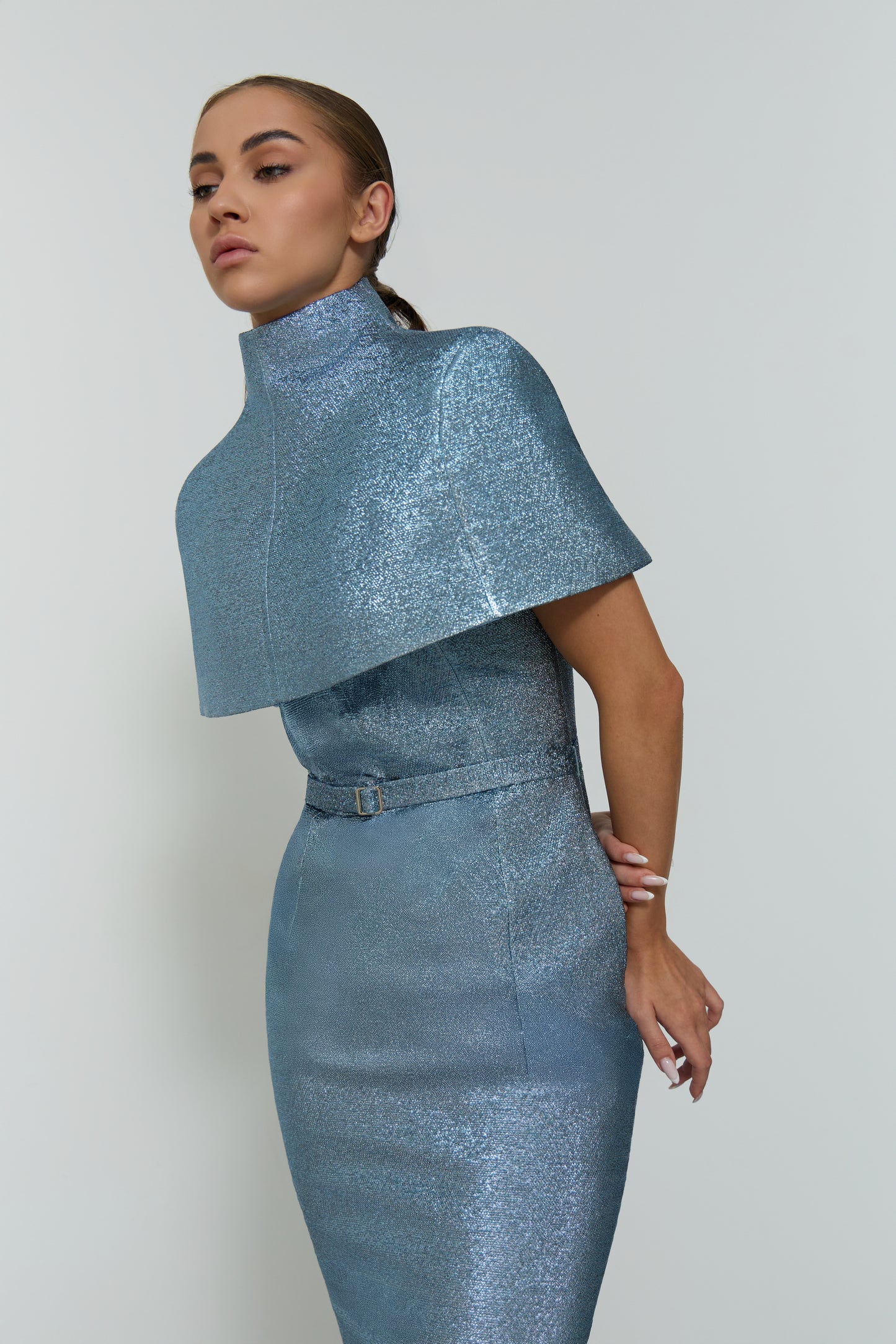 CAPED TOP METALLIC BELTED DRESS