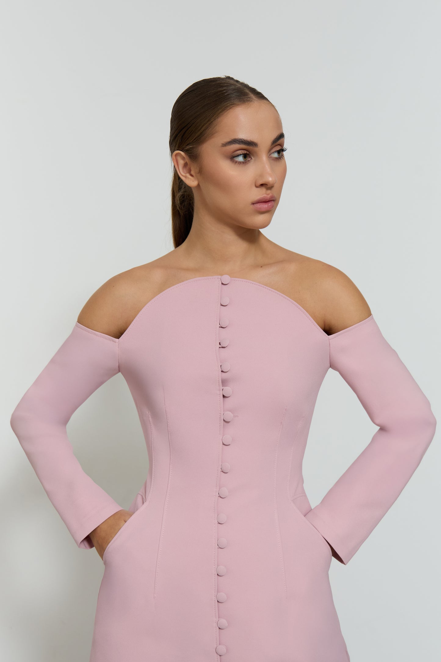 Off-shoulder buttoned structured dress