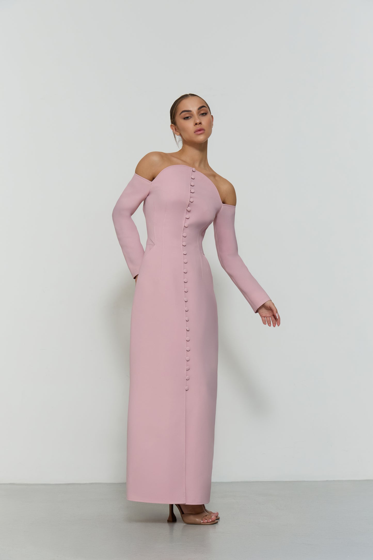 Off-shoulder buttoned structured dress