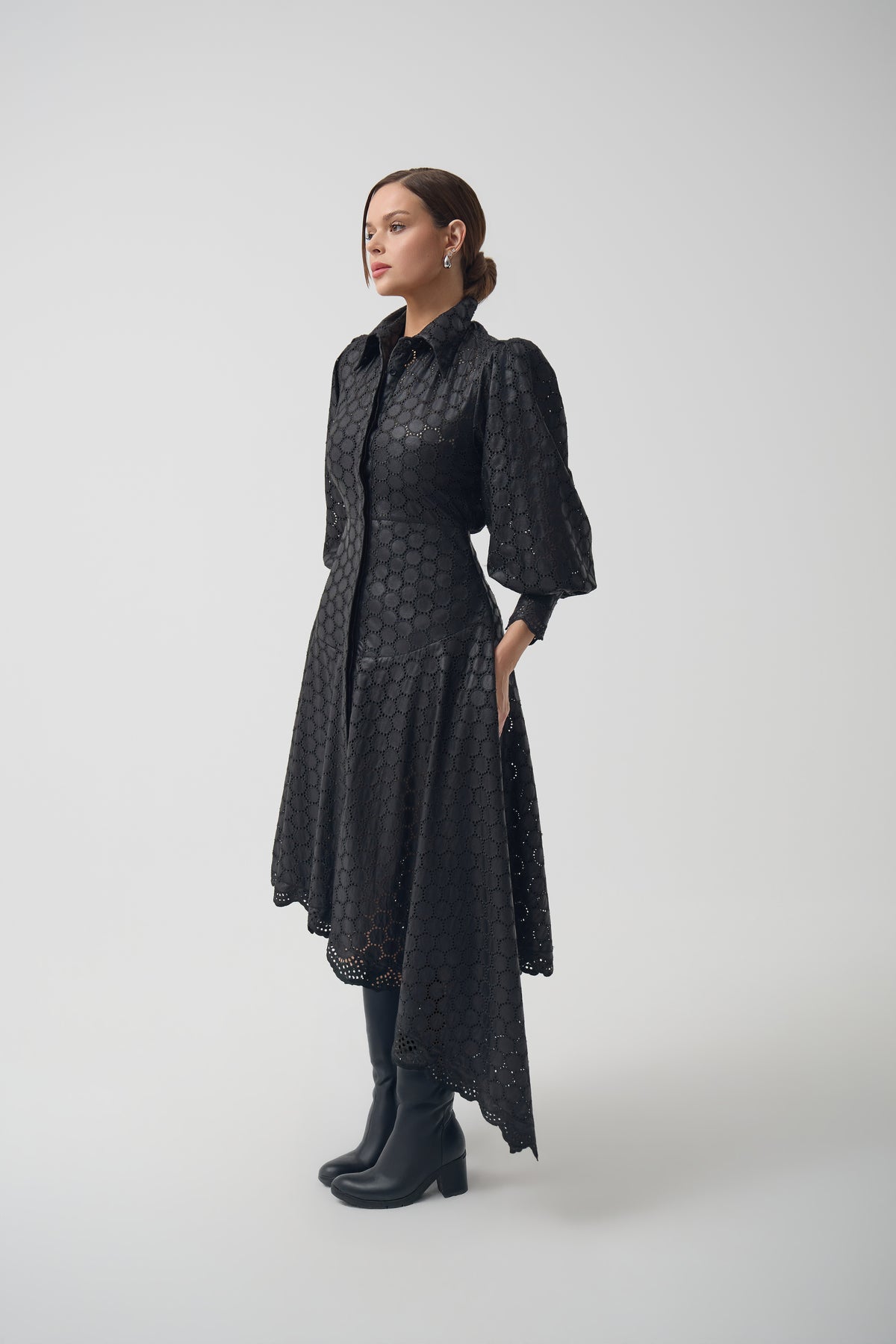 Leather Asymmetrical Open Embroidery Dress