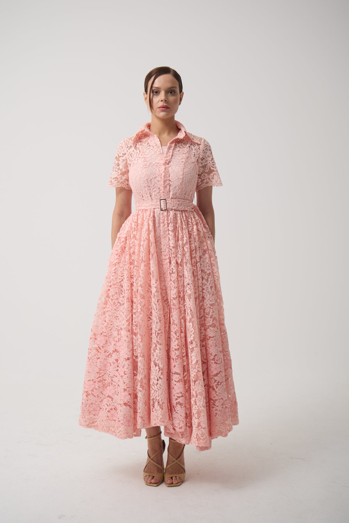 Lace Gathered Belted Dress