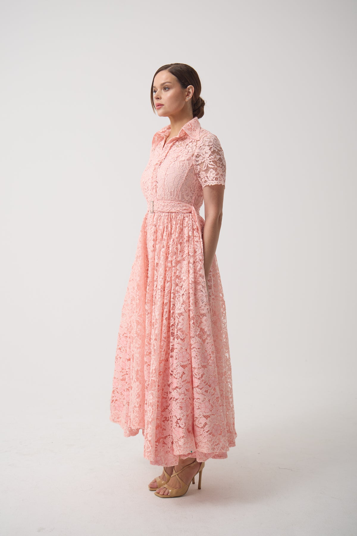Lace Gathered Belted Dress