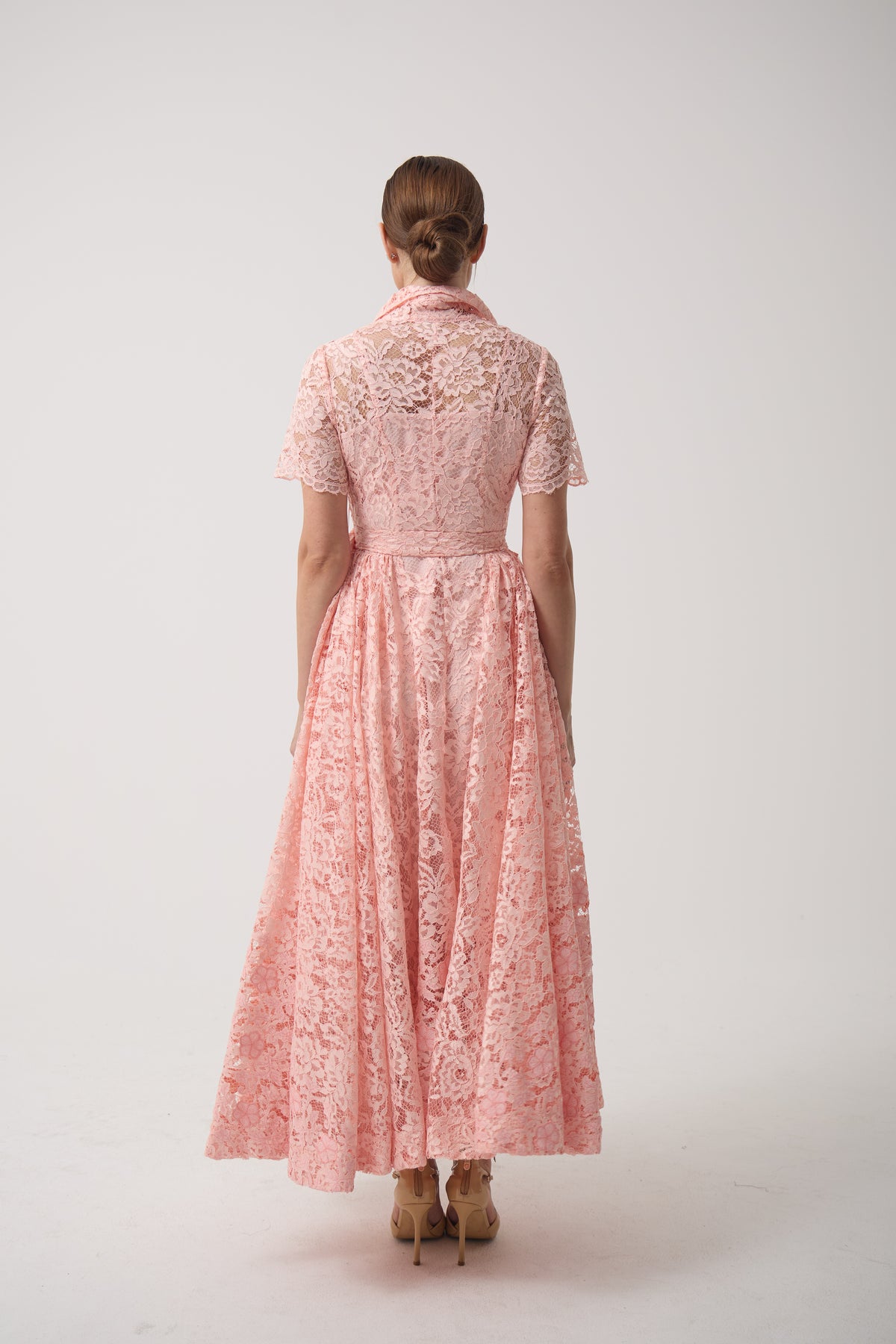 Lace Gathered Belted Dress