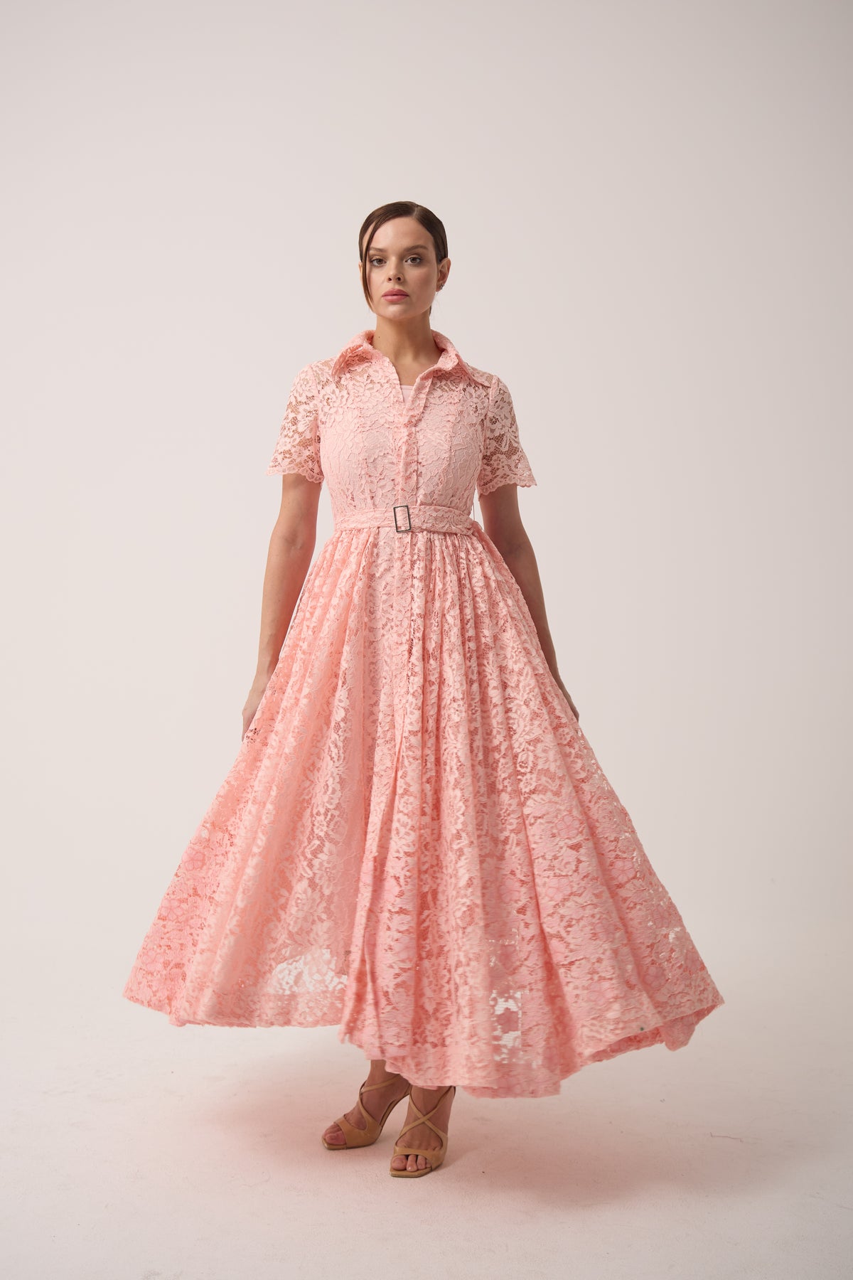 Lace Gathered Belted Dress