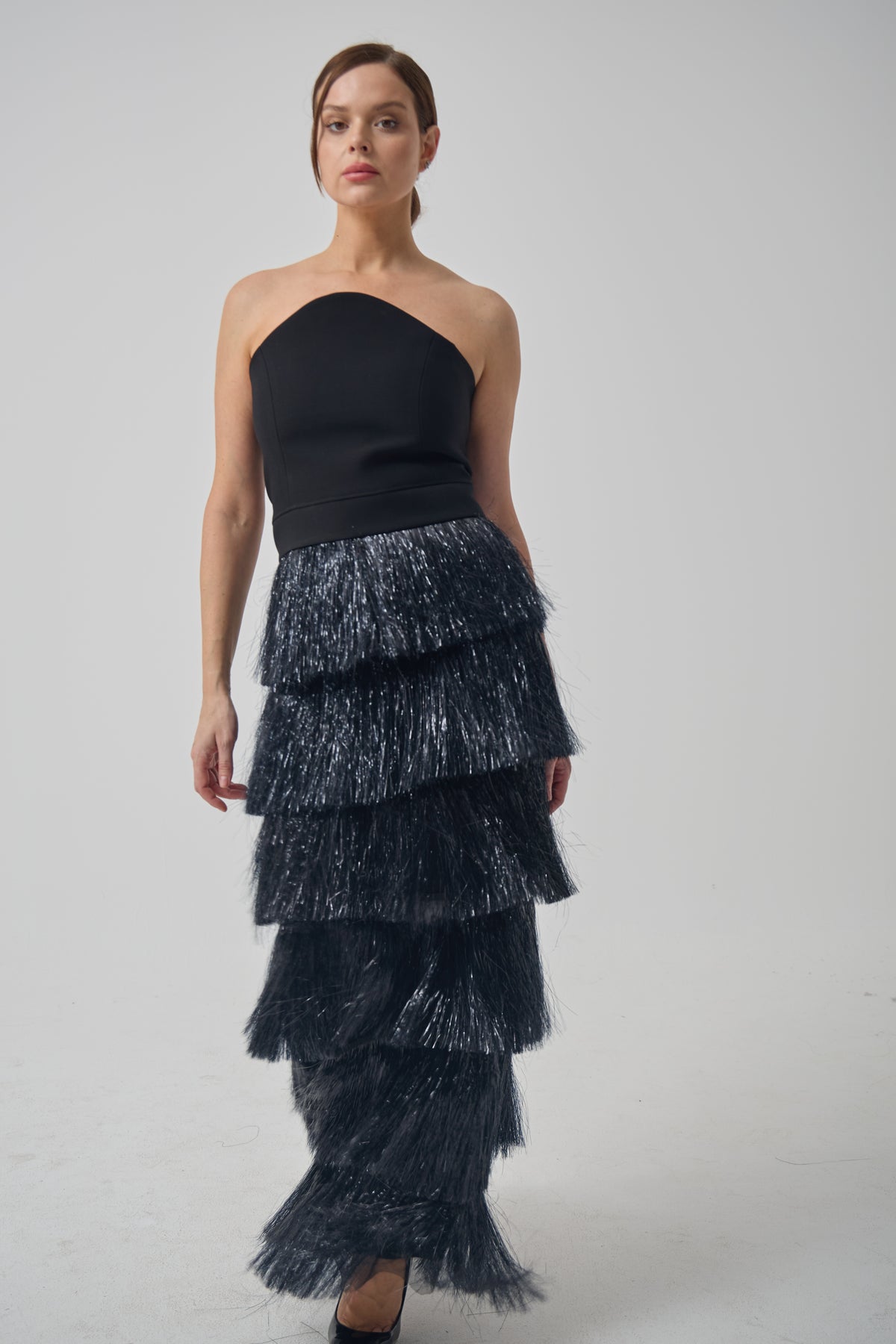 Fringed Layered Shiny Long Skirt