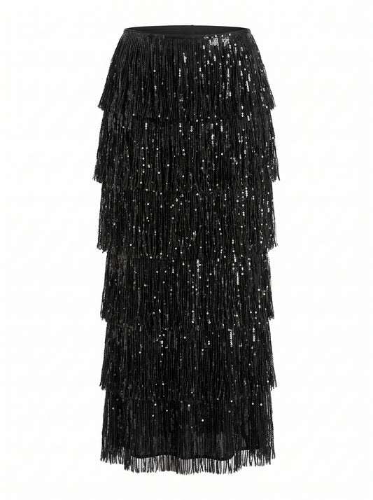 Fringed Layered Shiny Long Skirt