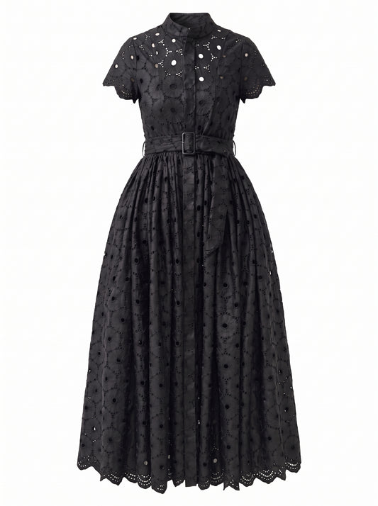 Leather Gathered Open Embroidery Shirt Dress