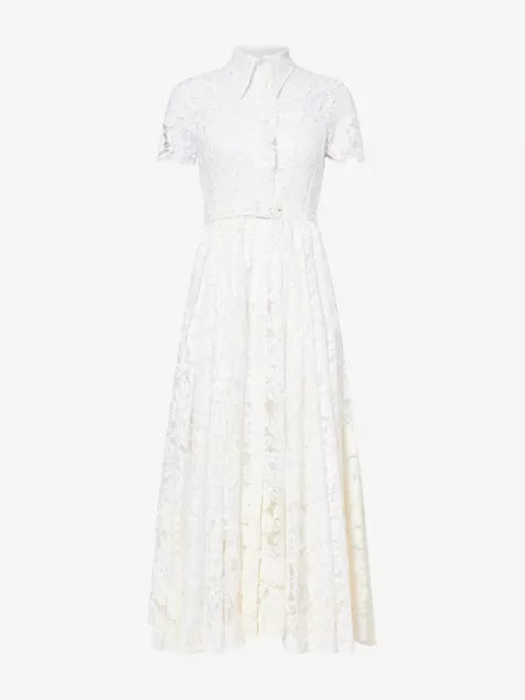 LACE GATHERED BELTED DRESS
