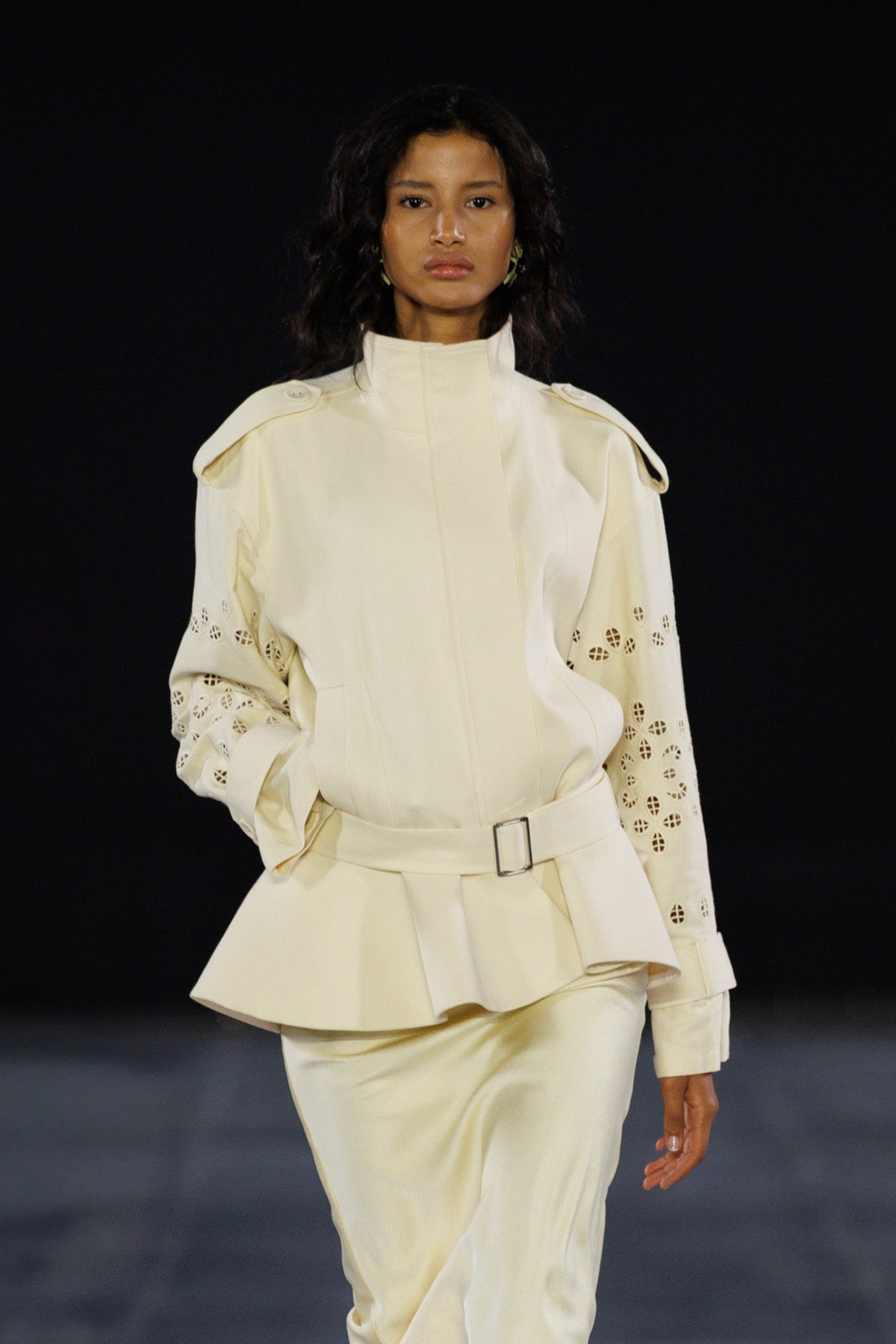 HENNA EMBROIDERY PEPLUM MOCK NECK TRENCHCOAT