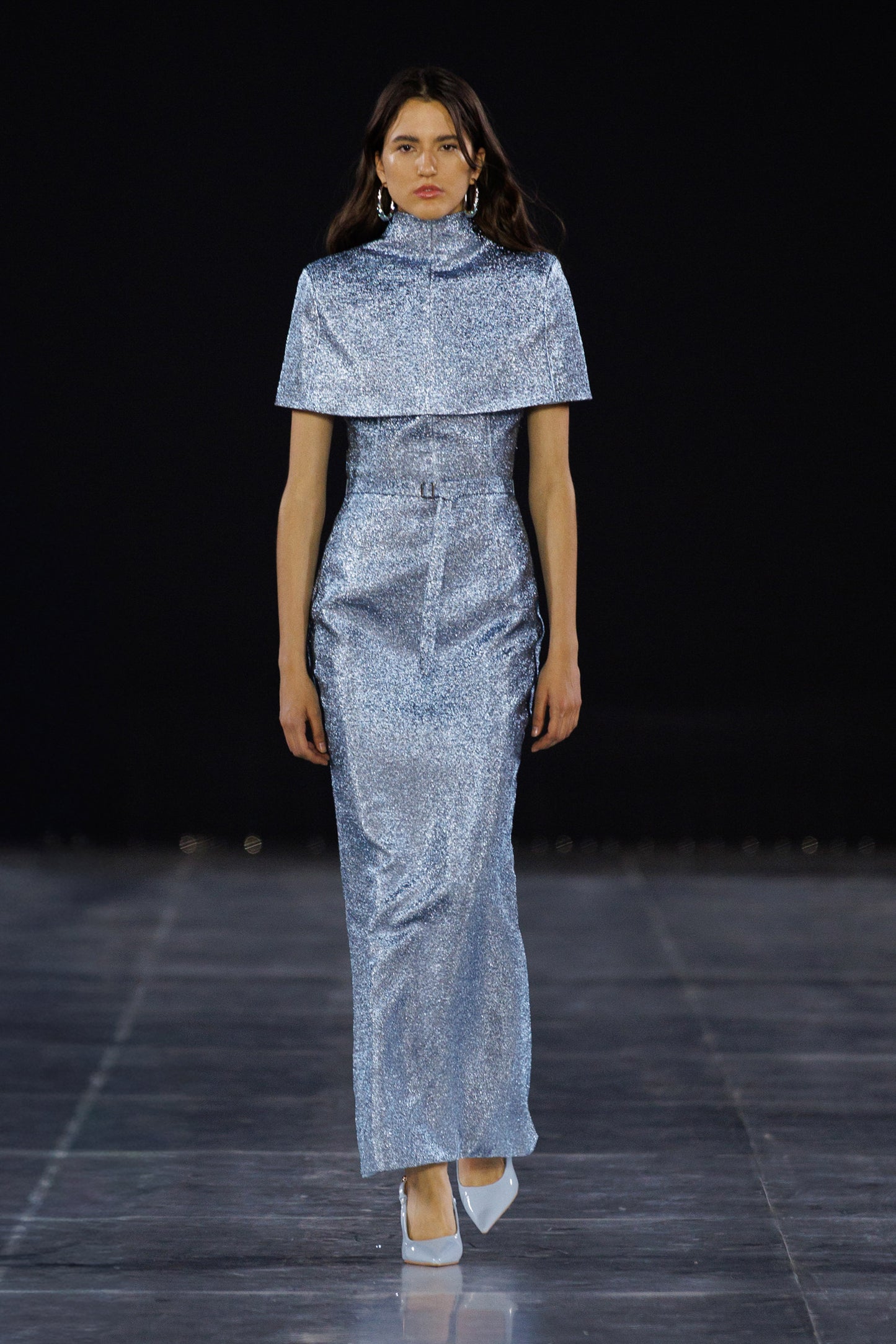 CAPED TOP METALLIC BELTED DRESS