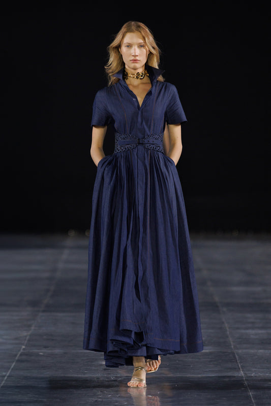 DENIM GATHERED DRESS WITH HENNA BELT