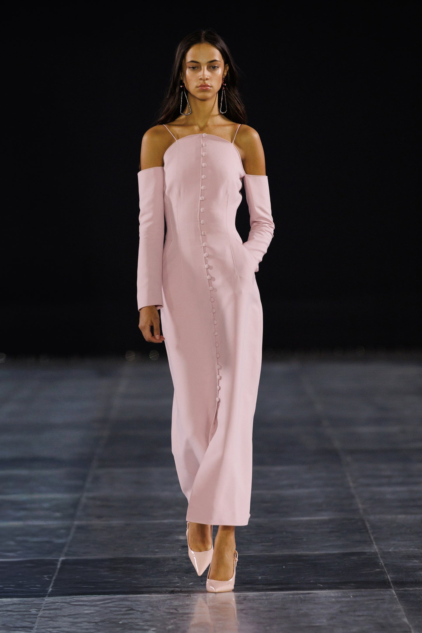 Off-shoulder buttoned structured dress