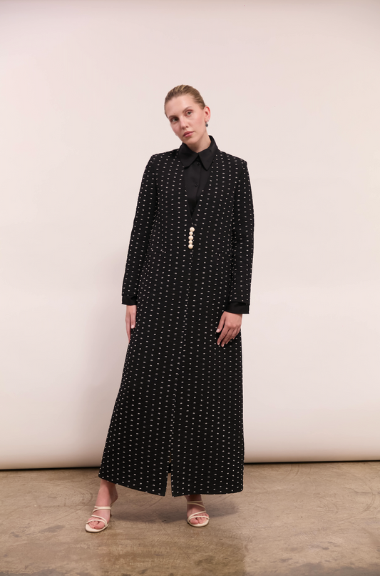 Black Polka Dot Blazer for Women in Crepe and Polyester : Front view