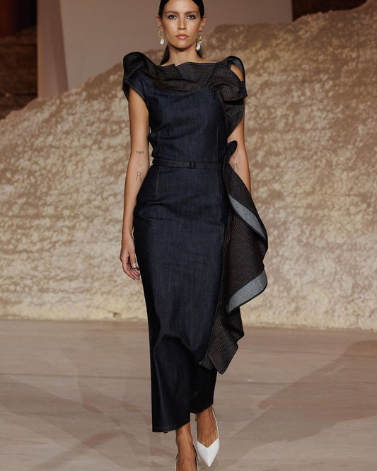 Black Denim Ruffled Dress : Front view