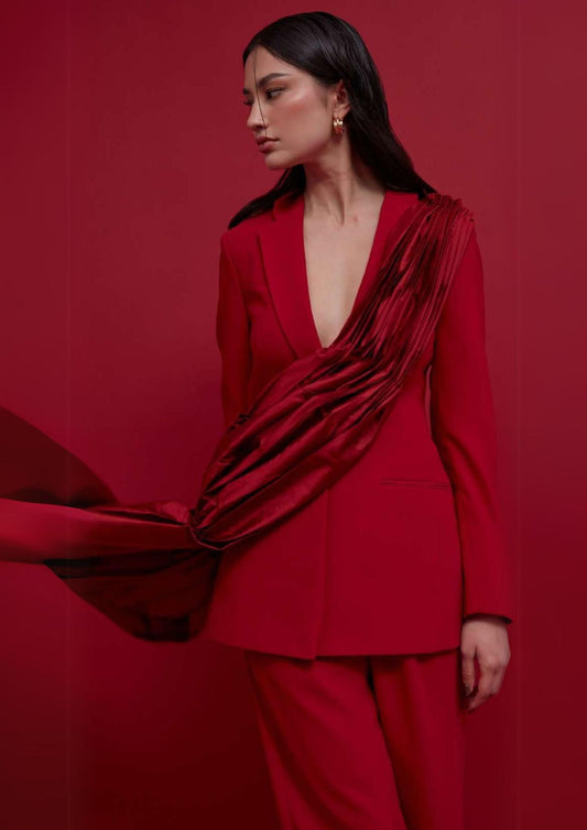 Red Draped Suit for Women – Designer Luxury Evening Wear : Front view