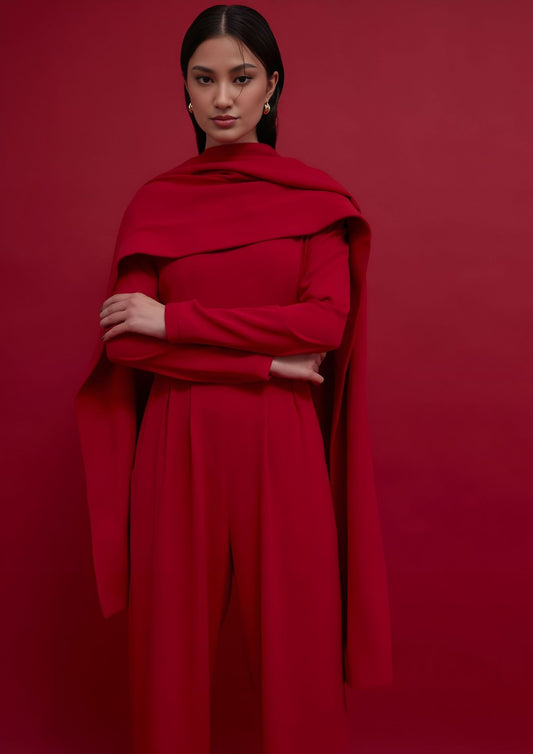Red Crepe Jumpsuit with Scarf Detail : Front view