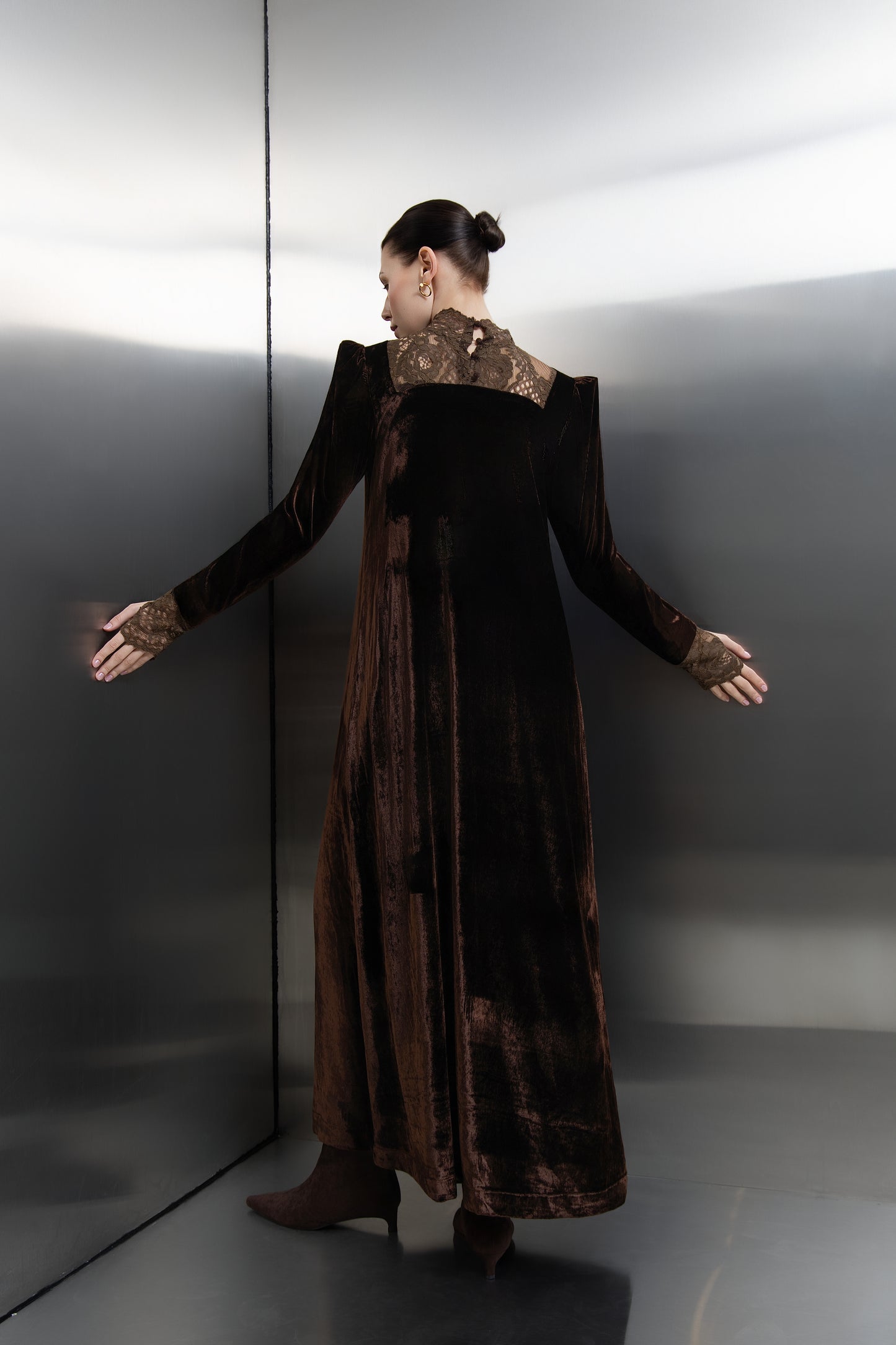 Brown High neck lace and velvet kaftan